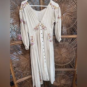FREE PEOPLE Cream Day Glow Embroidered Floral Crinkle Midi Dress XS
